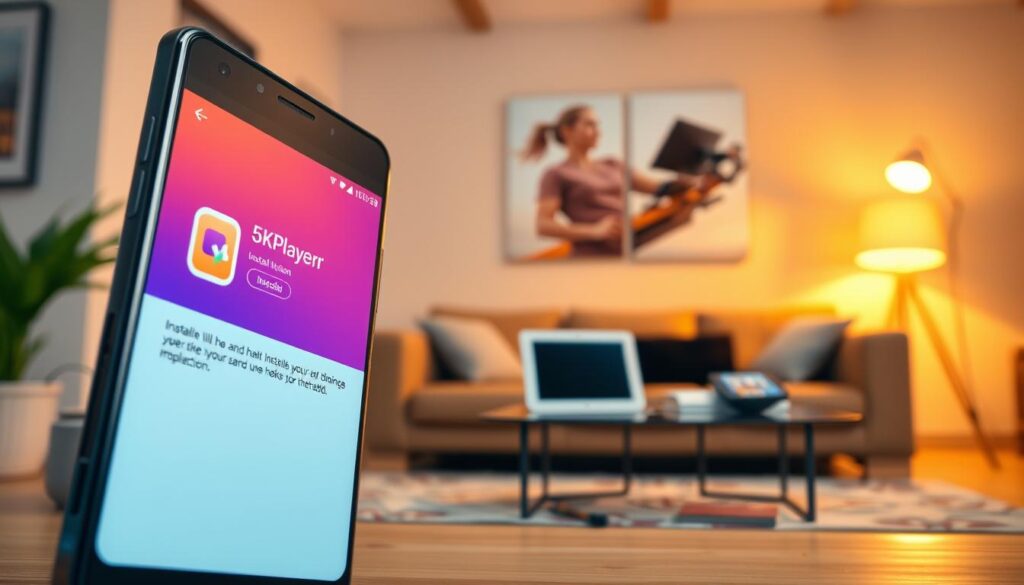 A close-up view of a modern Android smartphone displaying the installation interface of the 5KPlayer app. The foreground features the phone tilted slightly to showcase its vibrant screen, with clear graphics of the app icon and installation progress. In the middle, there's a desktop setup with a laptop and tablet, symbolizing a tech-savvy environment. The background is softly blurred, featuring a cozy living room space illuminated by warm, natural light coming through a window, creating a relaxed and inviting mood. The image should have a professional feel, with a focus on usability and technology. The angle captures the essence of a user-friendly experience, emphasizing clarity and accessibility in the installation process. A close-up view of a modern Android smartphone displaying the installation interface of the 5KPlayer app. The foreground features the phone tilted slightly to showcase its vibrant screen, with clear graphics of the app icon and installation progress. In the middle, there's a desktop setup with a laptop and tablet, symbolizing a tech-savvy environment. The background is softly blurred, featuring a cozy living room space illuminated by warm, natural light coming through a window, creating a relaxed and inviting mood. The image should have a professional feel, with a focus on usability and technology. The angle captures the essence of a user-friendly experience, emphasizing clarity and accessibility in the installation process.