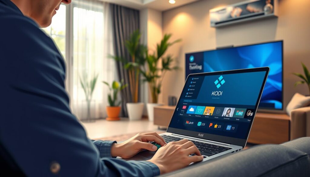 A close-up view of a technician troubleshooting a Kodi installation on a sleek smart TV in a modern living room. The technician, dressed in smart casual attire, is focused on a laptop displaying Kodi’s interface, with tools like a screwdriver and a notepad beside them. In the background, soft ambient lighting highlights the stylish decor, which includes potted plants and a comfortable sofa. The scene conveys a sense of concentration and professionalism, with a warm, inviting atmosphere. A subtle lens flare adds depth, suggesting the use of a slightly wide-angle lens to capture both the technician and the environment. The overall mood is one of problem-solving and maintenance. A close-up view of a technician troubleshooting a Kodi installation on a sleek smart TV in a modern living room. The technician, dressed in smart casual attire, is focused on a laptop displaying Kodi’s interface, with tools like a screwdriver and a notepad beside them. In the background, soft ambient lighting highlights the stylish decor, which includes potted plants and a comfortable sofa. The scene conveys a sense of concentration and professionalism, with a warm, inviting atmosphere. A subtle lens flare adds depth, suggesting the use of a slightly wide-angle lens to capture both the technician and the environment. The overall mood is one of problem-solving and maintenance.