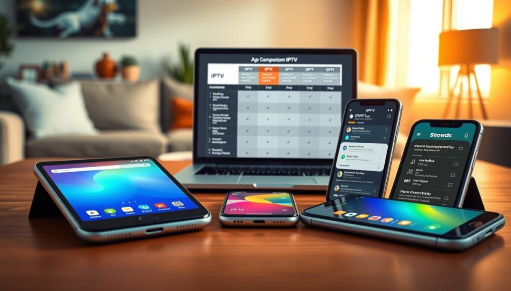 A detailed comparison of different IPTV applications displayed on multiple smartphone screens laid out on a wooden table. In the foreground, three high-resolution smartphones are showing various IPTV app interfaces with vibrant colors and user-friendly designs. The middle ground features a sleek laptop displaying a side-by-side comparison chart of features like user ratings and device compatibility. In the background, softly blurred, there’s a cozy living room setting with warm lighting, creating an inviting atmosphere. The image captures both technology and a relaxed lifestyle, inviting viewers to explore alternative IPTV methods. The scene is illuminated with natural light from a nearby window, adding a professional yet comfortable feel to the overall composition. A detailed comparison of different IPTV applications displayed on multiple smartphone screens laid out on a wooden table. In the foreground, three high-resolution smartphones are showing various IPTV app interfaces with vibrant colors and user-friendly designs. The middle ground features a sleek laptop displaying a side-by-side comparison chart of features like user ratings and device compatibility. In the background, softly blurred, there’s a cozy living room setting with warm lighting, creating an inviting atmosphere. The image captures both technology and a relaxed lifestyle, inviting viewers to explore alternative IPTV methods. The scene is illuminated with natural light from a nearby window, adding a professional yet comfortable feel to the overall composition.