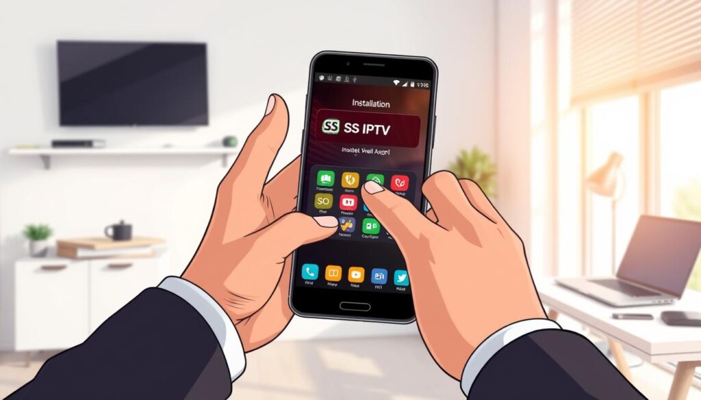 A detailed scene illustrating the installation process of SS IPTV on an Android smartphone. In the foreground, a close-up view of a sleek Android smartphone displaying the SS IPTV app interface, with colorful icons indicating installation steps. The middle layer showcases a pair of hands, clad in smart casual attire, interacting with the phone, highlighting the touch gestures. In the background, a modern, well-lit workspace with a minimalist desk, a laptop, and some tech gadgets, creating a tech-savvy atmosphere. Soft, natural lighting pouring in from a nearby window enhances the clarity and focus of the image, giving it a professional and inviting ambiance. The overall mood is informative and energetic, perfect for a tutorial guide.