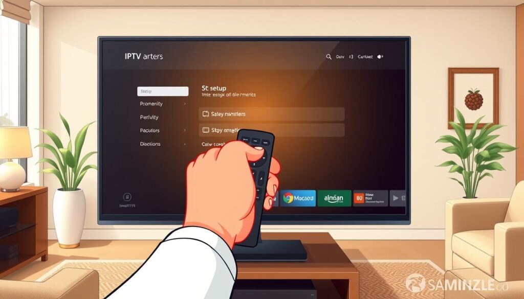 A detailed step-by-step installation guide for IPTV Smarters on a smart TV. In the foreground, a sleek, modern smart TV displaying the IPTV Smarters interface with setup options highlighted. In the middle, a set of hands, dressed in professional business attire, holding a remote control, hovering over the TV while gesturing towards the screen, indicating interaction. The background features a cozy living room setting, elegantly furnished, with soft lighting creating a warm and inviting atmosphere. The overall mood is instructional and supportive, emphasizing clarity and approachability. Use a wide-angle perspective to capture both the TV and the hands prominently, ensuring the details of the IPTV application can be clearly viewed. A detailed step-by-step installation guide for IPTV Smarters on a smart TV. In the foreground, a sleek, modern smart TV displaying the IPTV Smarters interface with setup options highlighted. In the middle, a set of hands, dressed in professional business attire, holding a remote control, hovering over the TV while gesturing towards the screen, indicating interaction. The background features a cozy living room setting, elegantly furnished, with soft lighting creating a warm and inviting atmosphere. The overall mood is instructional and supportive, emphasizing clarity and approachability. Use a wide-angle perspective to capture both the TV and the hands prominently, ensuring the details of the IPTV application can be clearly viewed.