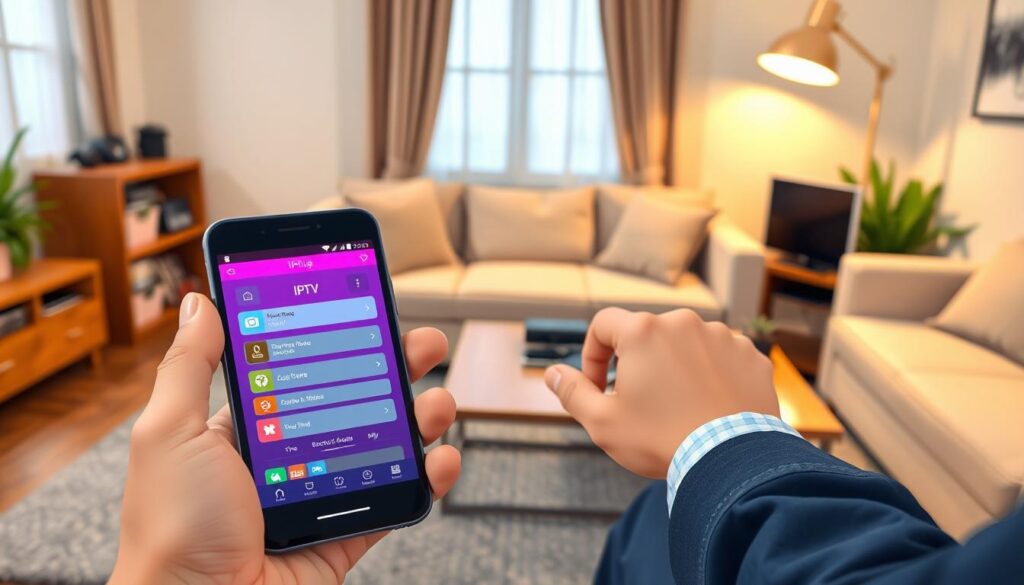 A focused, detailed composition depicting the configuration of an IPTV app on a smartphone. In the foreground, a sleek modern smartphone with a vibrant screen displaying an IPTV interface, showing the setup process with colorful icons and options. The middle layer features a user’s hands, positioned professionally, navigating the app, wearing smart casual attire. In the background, a cozy living room setting with soft lighting, including a stylish sofa and a coffee table with tech accessories, creating an inviting atmosphere. An elegant desk lamp casts warm light, enhancing the scene. The overall mood reflects convenience and modern technology, emphasizing ease of use and user engagement. A focused, detailed composition depicting the configuration of an IPTV app on a smartphone. In the foreground, a sleek modern smartphone with a vibrant screen displaying an IPTV interface, showing the setup process with colorful icons and options. The middle layer features a user’s hands, positioned professionally, navigating the app, wearing smart casual attire. In the background, a cozy living room setting with soft lighting, including a stylish sofa and a coffee table with tech accessories, creating an inviting atmosphere. An elegant desk lamp casts warm light, enhancing the scene. The overall mood reflects convenience and modern technology, emphasizing ease of use and user engagement.