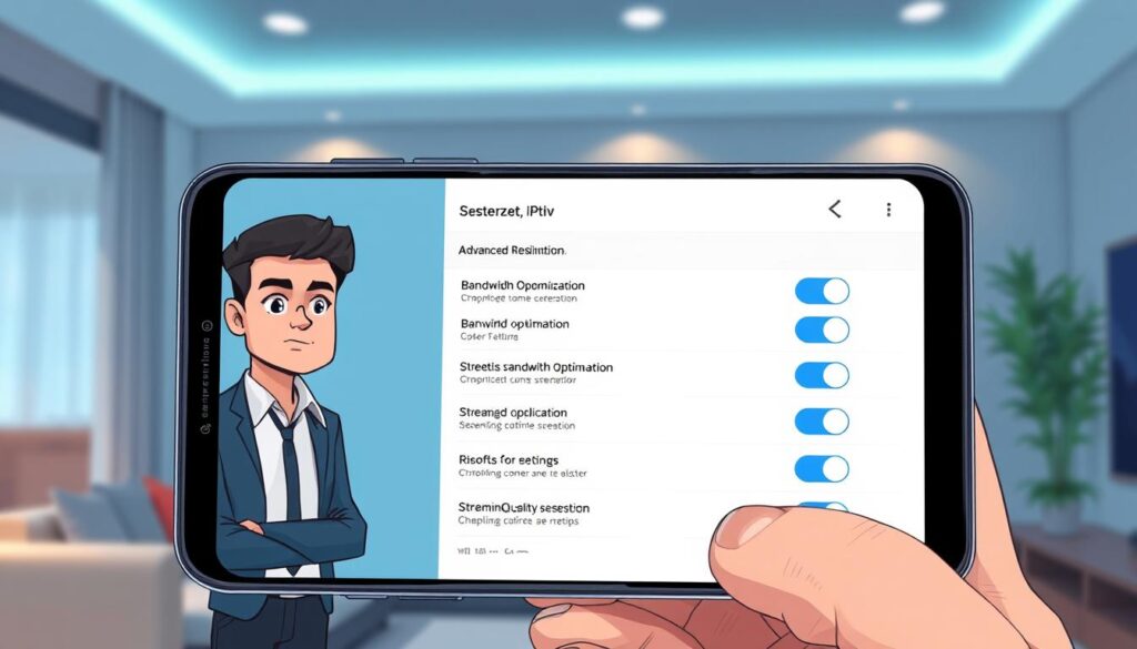 A high-tech, sleek interface of the Smart IPTV app displayed on a modern smartphone screen, featuring advanced settings options like resolution, bandwidth optimization, and streaming quality toggles. In the foreground, the smartphone is held by a professional looking individual wearing smart casual clothing, with a focused look on their face. The background showcases a softly blurred living room setting, with a subtle glow from ambient lighting that emphasizes a tech-savvy and relaxed atmosphere. The overall color palette is cool, with blues and greys dominating, giving a feel of modern sophistication. The image should be crisp, with sharp details on the smartphone screen, capturing the intricate details of the settings menu. A high-tech, sleek interface of the Smart IPTV app displayed on a modern smartphone screen, featuring advanced settings options like resolution, bandwidth optimization, and streaming quality toggles. In the foreground, the smartphone is held by a professional looking individual wearing smart casual clothing, with a focused look on their face. The background showcases a softly blurred living room setting, with a subtle glow from ambient lighting that emphasizes a tech-savvy and relaxed atmosphere. The overall color palette is cool, with blues and greys dominating, giving a feel of modern sophistication. The image should be crisp, with sharp details on the smartphone screen, capturing the intricate details of the settings menu.