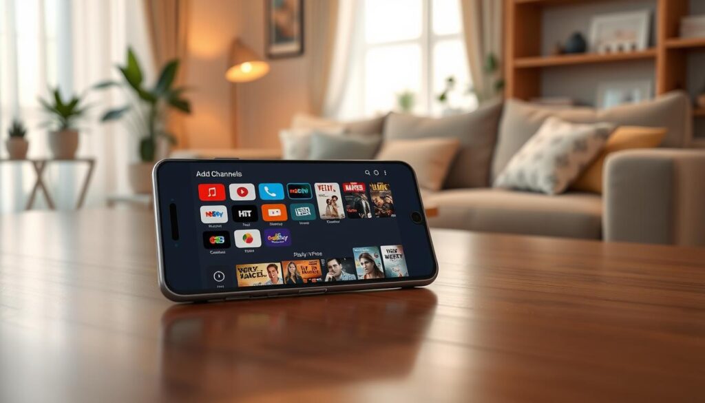 A modern Android smartphone displaying a user interface for adding channels and playlists for IPTV. In the foreground, the screen shows vibrant icons of various channels, with a digital playlist prominently featured, including thumbnails of TV shows and movies. The middle ground showcases the smartphone resting elegantly on a sleek, wooden table with a subtle reflection, suggesting a cozy atmosphere. In the background, a softly lit room with a comfortable couch and decorative plants creates a warm ambiance. The lighting is soft and inviting, casting gentle shadows, enhancing the focus on the smartphone screen. The image conveys a sense of ease and accessibility, ideal for a simplified installation experience. A modern Android smartphone displaying a user interface for adding channels and playlists for IPTV. In the foreground, the screen shows vibrant icons of various channels, with a digital playlist prominently featured, including thumbnails of TV shows and movies. The middle ground showcases the smartphone resting elegantly on a sleek, wooden table with a subtle reflection, suggesting a cozy atmosphere. In the background, a softly lit room with a comfortable couch and decorative plants creates a warm ambiance. The lighting is soft and inviting, casting gentle shadows, enhancing the focus on the smartphone screen. The image conveys a sense of ease and accessibility, ideal for a simplified installation experience.
