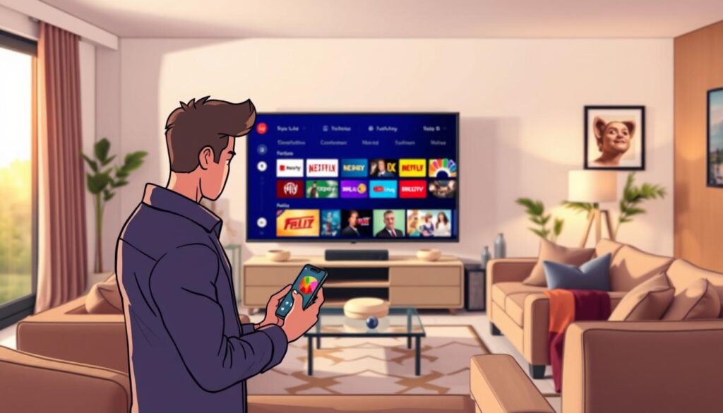 A modern and sleek living room featuring a large smart TV displaying the Flix IPTV app interface. In the foreground, a person in casual yet professional attire is focused on the TV, using a smartphone as they configure the app settings. The middle ground shows the smart TV with a vibrant, colorful layout of the Flix IPTV channels. The background features cozy furniture, soft lighting, and decor that suggests a welcoming atmosphere. Warm, natural light streams in from a nearby window, creating a cozy and inviting mood. The scene is captured from a slightly angled perspective, drawing attention to the interaction between the person and the smart TV, highlighting the configuration process. A modern and sleek living room featuring a large smart TV displaying the Flix IPTV app interface. In the foreground, a person in casual yet professional attire is focused on the TV, using a smartphone as they configure the app settings. The middle ground shows the smart TV with a vibrant, colorful layout of the Flix IPTV channels. The background features cozy furniture, soft lighting, and decor that suggests a welcoming atmosphere. Warm, natural light streams in from a nearby window, creating a cozy and inviting mood. The scene is captured from a slightly angled perspective, drawing attention to the interaction between the person and the smart TV, highlighting the configuration process.