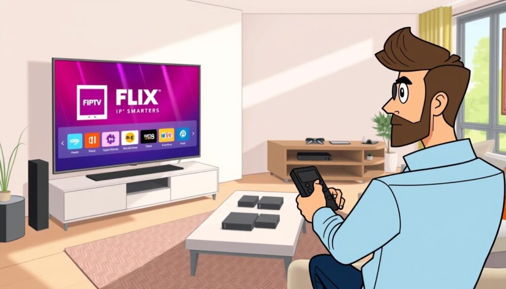 A modern living room scene featuring a large smart TV displaying the Flix IPTV Smarters interface. In the foreground, a person dressed in smart casual attire, with a focused expression, is holding a remote control and looking at the screen. The middle ground showcases a stylish coffee table with a few electronic gadgets, and a cozy sofa with decorative pillows. In the background, a well-lit environment with soft ambient lighting enhances the inviting atmosphere, and a window reveals a sunny day outside. The image is framed from a slightly elevated angle, capturing the action of the installation process. The scene conveys a sense of ease and accessibility, emphasizing the instructions on how to install the IPTV app. A modern living room scene featuring a large smart TV displaying the Flix IPTV Smarters interface. In the foreground, a person dressed in smart casual attire, with a focused expression, is holding a remote control and looking at the screen. The middle ground showcases a stylish coffee table with a few electronic gadgets, and a cozy sofa with decorative pillows. In the background, a well-lit environment with soft ambient lighting enhances the inviting atmosphere, and a window reveals a sunny day outside. The image is framed from a slightly elevated angle, capturing the action of the installation process. The scene conveys a sense of ease and accessibility, emphasizing the instructions on how to install the IPTV app.