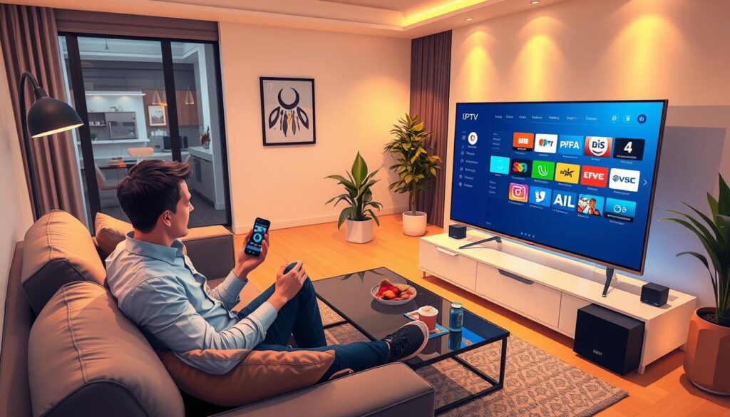 A modern living room scene showcasing a sleek, high-tech IPTV setup. In the foreground, a stylish smart TV displays an interactive Electronic Program Guide (EPG) interface filled with vibrant icons and channel listings. On a cozy couch, a person in casual business attire is holding a smartphone connected to the TV, engaged in optimizing their viewing experience. The middle ground features a coffee table adorned with snacks and a remote control, while the background includes contemporary decor, soft lighting, and plants that create a relaxed atmosphere. The scene captures an inviting and efficient IPTV experience, illuminated by warm, ambient lighting, conveying a sense of comfort and modern living. The angle is slightly overhead, emphasizing the technology and engagement in the setting. A modern living room scene showcasing a sleek, high-tech IPTV setup. In the foreground, a stylish smart TV displays an interactive Electronic Program Guide (EPG) interface filled with vibrant icons and channel listings. On a cozy couch, a person in casual business attire is holding a smartphone connected to the TV, engaged in optimizing their viewing experience. The middle ground features a coffee table adorned with snacks and a remote control, while the background includes contemporary decor, soft lighting, and plants that create a relaxed atmosphere. The scene captures an inviting and efficient IPTV experience, illuminated by warm, ambient lighting, conveying a sense of comfort and modern living. The angle is slightly overhead, emphasizing the technology and engagement in the setting.
