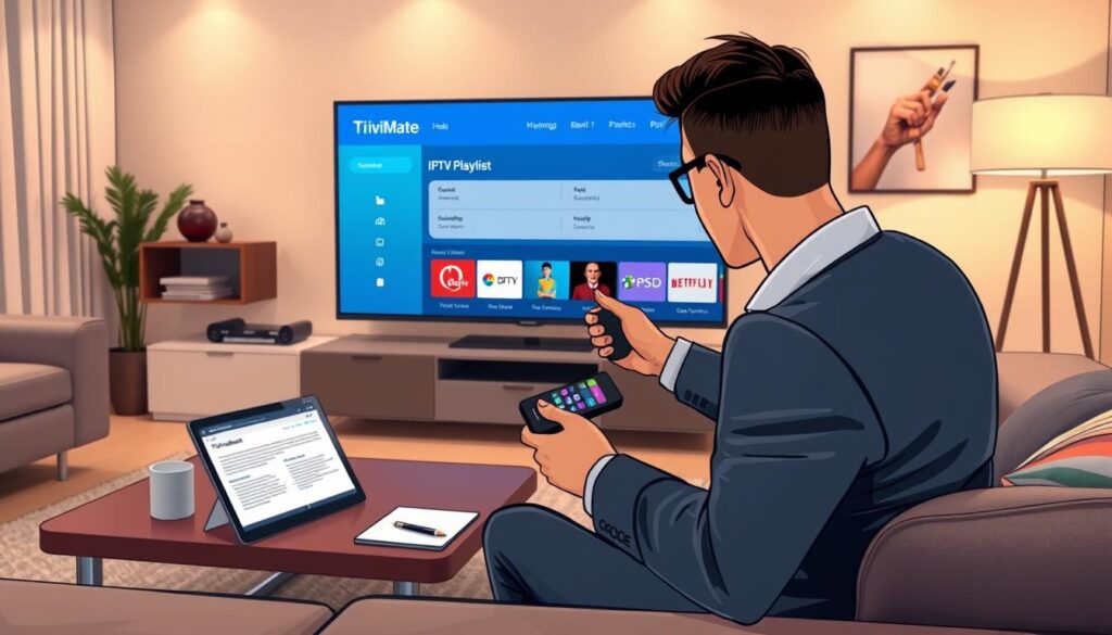 A modern living room setting featuring a sleek smart TV displaying the TiviMate interface, illustrating the process of adding an IPTV playlist. In the foreground, a person, dressed in professional casual attire, is focused on a remote control while sitting comfortably on a stylish couch. The middle ground includes a well-organized coffee table with a notepad and tablet open to IPTV playlist settings. The background showcases modern decor with soft, warm lighting enhancing the welcoming atmosphere. The scene is well-composed, emphasizing the clarity of the TV screen and the engaged interaction of the user, with a cozy and productive ambiance. The image should have a focus on the technology and the usability aspect, capturing a sense of ease in entertainment setup. A modern living room setting featuring a sleek smart TV displaying the TiviMate interface, illustrating the process of adding an IPTV playlist. In the foreground, a person, dressed in professional casual attire, is focused on a remote control while sitting comfortably on a stylish couch. The middle ground includes a well-organized coffee table with a notepad and tablet open to IPTV playlist settings. The background showcases modern decor with soft, warm lighting enhancing the welcoming atmosphere. The scene is well-composed, emphasizing the clarity of the TV screen and the engaged interaction of the user, with a cozy and productive ambiance. The image should have a focus on the technology and the usability aspect, capturing a sense of ease in entertainment setup.