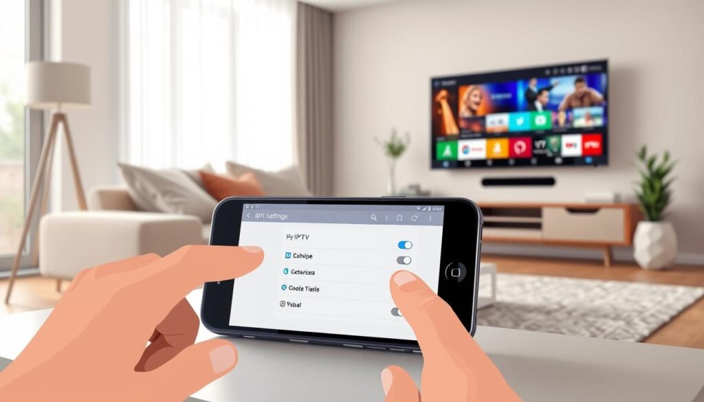 A modern living room setting featuring a sleek smartphone displaying IPTV visual settings on the screen. In the foreground, the smartphone is prominently placed on a minimalist coffee table, with a finger tapping the screen to adjust settings. The middle layer reveals a comfortable sofa adorned with neutral-colored cushions and a stylish rug underneath. The background showcases a large flat-screen TV mounted on a wall, displaying vibrant colors and high-definition content. Soft, natural lighting filters through a window, creating a warm atmosphere. The scene conveys a sense of ease and sophistication, emphasizing the user-friendly nature of customizing IPTV settings on a mobile device. A modern living room setting featuring a sleek smartphone displaying IPTV visual settings on the screen. In the foreground, the smartphone is prominently placed on a minimalist coffee table, with a finger tapping the screen to adjust settings. The middle layer reveals a comfortable sofa adorned with neutral-colored cushions and a stylish rug underneath. The background showcases a large flat-screen TV mounted on a wall, displaying vibrant colors and high-definition content. Soft, natural lighting filters through a window, creating a warm atmosphere. The scene conveys a sense of ease and sophistication, emphasizing the user-friendly nature of customizing IPTV settings on a mobile device.