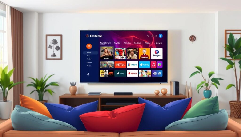 A modern living room setup featuring a sleek smart TV displaying the TiviMate interface, emphasizing optimal performance. In the foreground, a comfortable sofa adorned with colorful cushions invites relaxation. The middle ground showcases the smart TV, with vibrant streaming content running smoothly; display details should include intuitive menus and engaging visuals, signifying a user-friendly experience. In the background, soft ambient lighting creates a cozy atmosphere, highlighting a well-decorated space with decorations reflecting a tech-savvy lifestyle. Soft, natural light streams through a window, suggesting a peaceful daytime scene. The mood is inviting and conducive to enjoying media, creating a sense of excitement about using TiviMate for an enhanced viewing experience. A modern living room setup featuring a sleek smart TV displaying the TiviMate interface, emphasizing optimal performance. In the foreground, a comfortable sofa adorned with colorful cushions invites relaxation. The middle ground showcases the smart TV, with vibrant streaming content running smoothly; display details should include intuitive menus and engaging visuals, signifying a user-friendly experience. In the background, soft ambient lighting creates a cozy atmosphere, highlighting a well-decorated space with decorations reflecting a tech-savvy lifestyle. Soft, natural light streams through a window, suggesting a peaceful daytime scene. The mood is inviting and conducive to enjoying media, creating a sense of excitement about using TiviMate for an enhanced viewing experience.