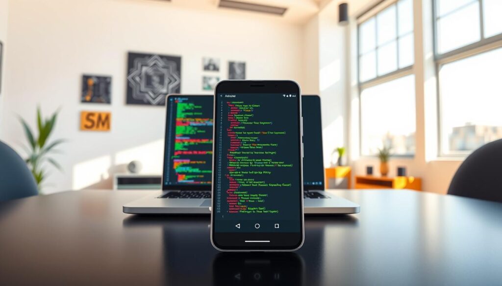 A modern workspace featuring an Android smartphone displaying the Xtream Codes API interface on the screen. In the foreground, a sleek, well-lit black table holds the smartphone, accompanied by a laptop showcasing colorful coding snippets relevant to the API integration. The middle layer reveals a backdrop of a bright, airy room with large windows letting in natural light, enhancing the tech-savvy atmosphere. Subtle tech-themed decorations, like circuit board art and digital diagrams, decorate the walls. The image should capture a professional vibe, emphasizing innovation and ease of use in IPTV technology. The overall mood is focused and productive, with clear, bright lighting and a clean, organized composition. A modern workspace featuring an Android smartphone displaying the Xtream Codes API interface on the screen. In the foreground, a sleek, well-lit black table holds the smartphone, accompanied by a laptop showcasing colorful coding snippets relevant to the API integration. The middle layer reveals a backdrop of a bright, airy room with large windows letting in natural light, enhancing the tech-savvy atmosphere. Subtle tech-themed decorations, like circuit board art and digital diagrams, decorate the walls. The image should capture a professional vibe, emphasizing innovation and ease of use in IPTV technology. The overall mood is focused and productive, with clear, bright lighting and a clean, organized composition.