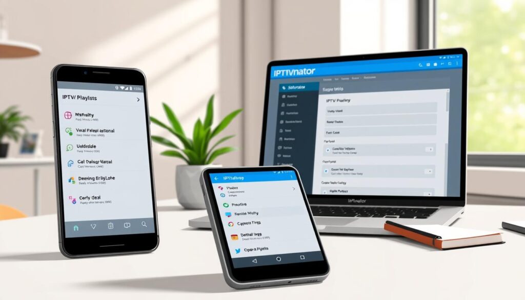 A modern workspace showcasing the configuration of IPTV playlists on an Android smartphone. In the foreground, a sleek black smartphone displays the IPTVnator app's interface, highlighting user-friendly options for playlist management. Beside it, a laptop with open IPTVnator software on the screen shows detailed settings. The middle ground features a stylish desk with minimalist design elements like a plant and a notepad. In the background, soft natural light filters through a window, creating a warm atmosphere. The angle captures both devices clearly, emphasizing their usability. The scene conveys a sense of professionalism and tech-savviness, perfect for a guide on setting up IPTVnator. A modern workspace showcasing the configuration of IPTV playlists on an Android smartphone. In the foreground, a sleek black smartphone displays the IPTVnator app's interface, highlighting user-friendly options for playlist management. Beside it, a laptop with open IPTVnator software on the screen shows detailed settings. The middle ground features a stylish desk with minimalist design elements like a plant and a notepad. In the background, soft natural light filters through a window, creating a warm atmosphere. The angle captures both devices clearly, emphasizing their usability. The scene conveys a sense of professionalism and tech-savviness, perfect for a guide on setting up IPTVnator.