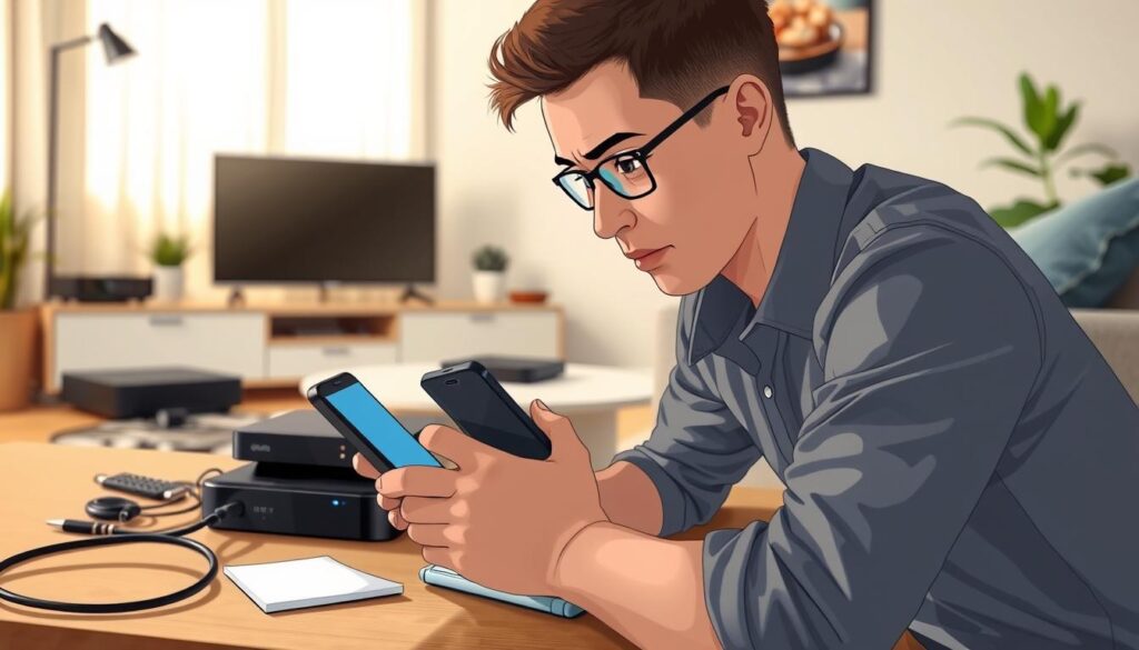 A person troubleshooting an IPTV Extreme setup on an Android smartphone in a modern living room environment. In the foreground, focus on a young adult, dressed in smart casual clothing, intently examining their smartphone screen with a look of concentration. Surrounding them, various electronic devices such as a TV, streaming box, and cables lay scattered to illustrate the complexity of the setup. In the middle ground, a coffee table displays a notepad and a pen, suggesting they are taking notes while troubleshooting. The background features a cozy ambiance with soft lighting, creating a relaxed atmosphere. Use a shallow depth of field to accentuate the focus on the person while softly blurring the background, enhancing the overall mood of perseverance and problem-solving. A person troubleshooting an IPTV Extreme setup on an Android smartphone in a modern living room environment. In the foreground, focus on a young adult, dressed in smart casual clothing, intently examining their smartphone screen with a look of concentration. Surrounding them, various electronic devices such as a TV, streaming box, and cables lay scattered to illustrate the complexity of the setup. In the middle ground, a coffee table displays a notepad and a pen, suggesting they are taking notes while troubleshooting. The background features a cozy ambiance with soft lighting, creating a relaxed atmosphere. Use a shallow depth of field to accentuate the focus on the person while softly blurring the background, enhancing the overall mood of perseverance and problem-solving.