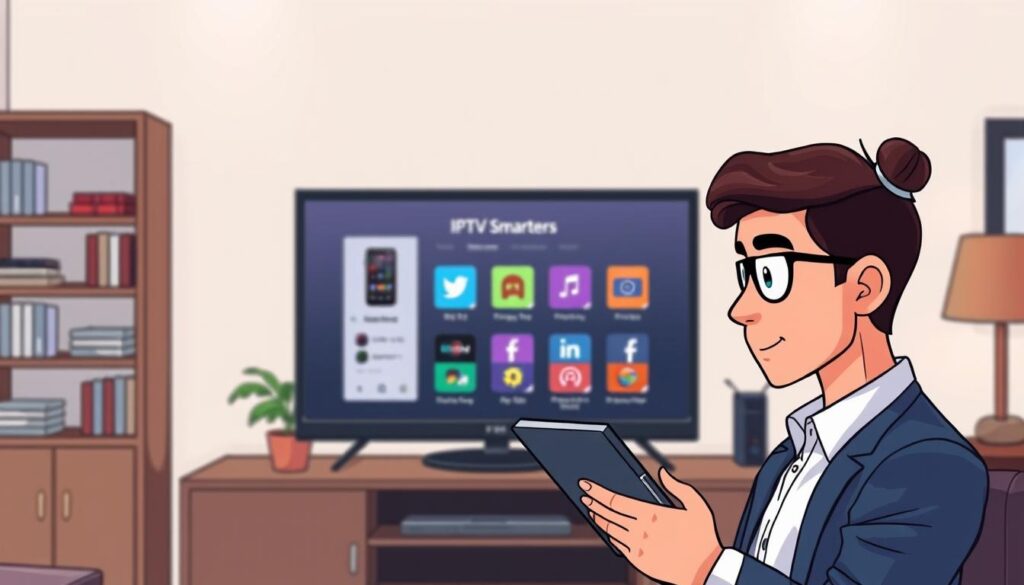 A professional, well-lit home office setting featuring a modern smart TV displaying the IPTV Smarters app interface. In the foreground, a focused individual in smart casual attire is troubleshooting the app on a tablet, showing a look of concentration. The background features a stylish bookshelf and a potted plant, creating an inviting atmosphere. Soft, warm lighting illuminates the scene, emphasizing the tech-oriented task at hand. The angle captures both the TV screen and the individual’s engaged expression, highlighting the common troubleshooting problems faced by users. The overall mood is informative and productive, designed to reflect the theme of problem-solving in technology. A professional, well-lit home office setting featuring a modern smart TV displaying the IPTV Smarters app interface. In the foreground, a focused individual in smart casual attire is troubleshooting the app on a tablet, showing a look of concentration. The background features a stylish bookshelf and a potted plant, creating an inviting atmosphere. Soft, warm lighting illuminates the scene, emphasizing the tech-oriented task at hand. The angle captures both the TV screen and the individual’s engaged expression, highlighting the common troubleshooting problems faced by users. The overall mood is informative and productive, designed to reflect the theme of problem-solving in technology.