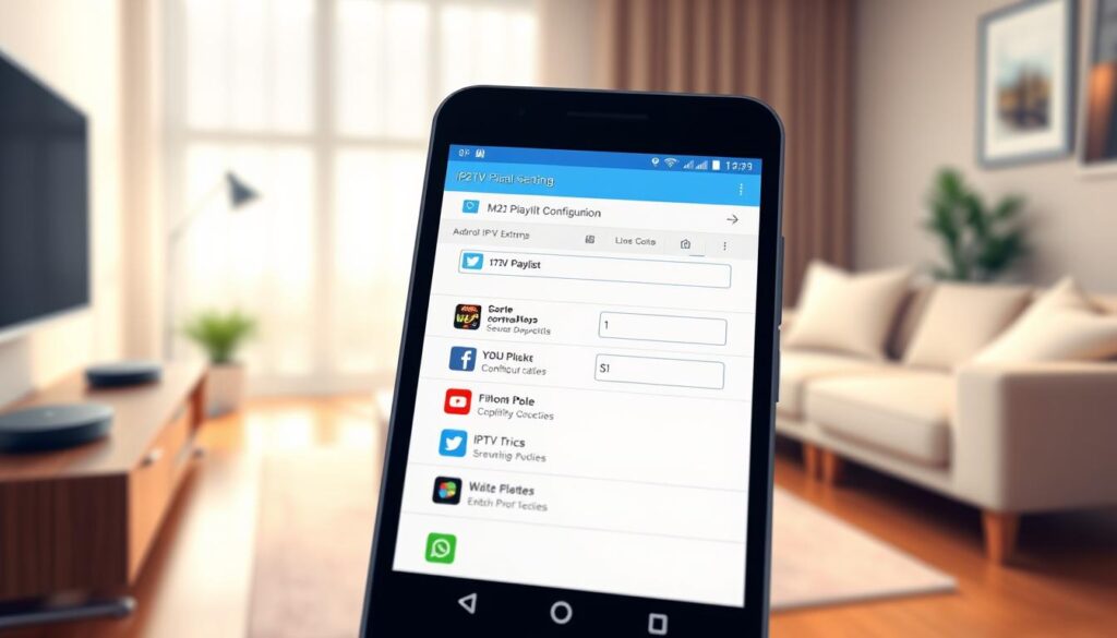 A sleek and modern Android smartphone displaying the IPTV Extreme app interface, showcasing the M3U playlist configuration screen. In the foreground, a close-up view highlights the smartphone's vibrant display, with colorful icons and the playlist setup options visible. The middle ground features a clean, minimalist workspace with subtle tech-related elements, like a laptop and streaming devices, blurred for depth. In the background, a softly lit environment conveys a cozy living room atmosphere, with a comfortable chair and a small table. The overall lighting is warm and inviting, creating a focus on the phone while maintaining a sense of approachability. The image captures the essence of configuring IPTV settings, reflecting a contemporary digital lifestyle. A sleek and modern Android smartphone displaying the IPTV Extreme app interface, showcasing the M3U playlist configuration screen. In the foreground, a close-up view highlights the smartphone's vibrant display, with colorful icons and the playlist setup options visible. The middle ground features a clean, minimalist workspace with subtle tech-related elements, like a laptop and streaming devices, blurred for depth. In the background, a softly lit environment conveys a cozy living room atmosphere, with a comfortable chair and a small table. The overall lighting is warm and inviting, creating a focus on the phone while maintaining a sense of approachability. The image captures the essence of configuring IPTV settings, reflecting a contemporary digital lifestyle.
