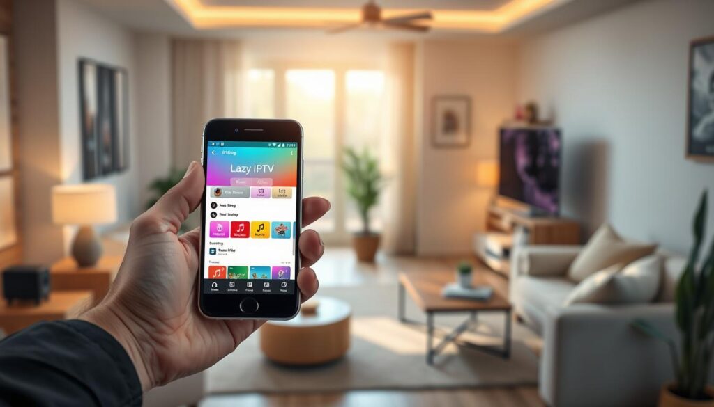 A sleek and modern smartphone prominently displayed in the foreground, held by a person in professional casual attire, demonstrating the "Lazy IPTV" app interface. The screen illuminates with a vibrant, user-friendly design showcasing IPTV settings and a selection of channels. In the middle ground, a stylish home environment with cozy furnishings and tech gadgets subtly indicating a media-centric lifestyle. The background features a well-lit, open space with soft, natural light streaming in from a window, creating a warm and inviting atmosphere. The image conveys a sense of ease and accessibility, reflecting the simple process of downloading and installing Lazy IPTV. The composition should have a dynamic angle, focusing on the smartphone while softly blurring the background for depth. A sleek and modern smartphone prominently displayed in the foreground, held by a person in professional casual attire, demonstrating the "Lazy IPTV" app interface. The screen illuminates with a vibrant, user-friendly design showcasing IPTV settings and a selection of channels. In the middle ground, a stylish home environment with cozy furnishings and tech gadgets subtly indicating a media-centric lifestyle. The background features a well-lit, open space with soft, natural light streaming in from a window, creating a warm and inviting atmosphere. The image conveys a sense of ease and accessibility, reflecting the simple process of downloading and installing Lazy IPTV. The composition should have a dynamic angle, focusing on the smartphone while softly blurring the background for depth.