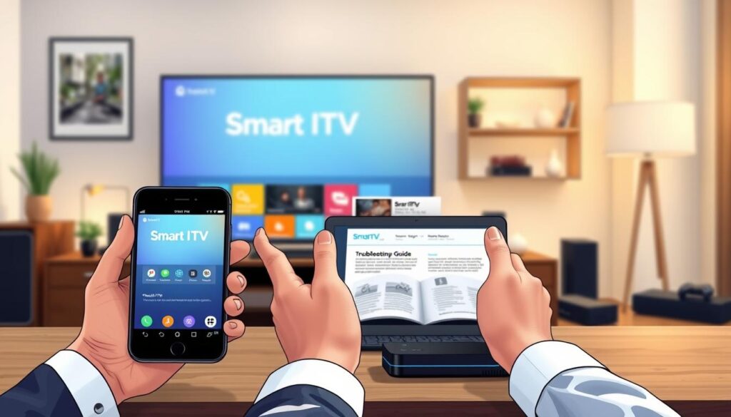 A sleek and modern workspace featuring a large flat-screen TV displaying the Smart IPTV interface. In the foreground, a smartphone rests next to a tablet, both showcasing the Smart IPTV application in a user-friendly layout. A pair of hands, wearing professional attire, gestures towards the devices, illustrating the installation process. The middle ground includes a stylish desk with a laptop open to a troubleshooting guide, surrounded by various streaming devices such as a streaming stick and a game console. The background is softly blurred, revealing a cozy, well-lit room with ambient lighting that creates a welcoming atmosphere. The scene is captured from a slightly elevated angle, emphasizing the devices while ensuring clarity and focus on the installation theme. The mood is informative and engaging, perfect for illustrating alternative installation methods. A sleek and modern workspace featuring a large flat-screen TV displaying the Smart IPTV interface. In the foreground, a smartphone rests next to a tablet, both showcasing the Smart IPTV application in a user-friendly layout. A pair of hands, wearing professional attire, gestures towards the devices, illustrating the installation process. The middle ground includes a stylish desk with a laptop open to a troubleshooting guide, surrounded by various streaming devices such as a streaming stick and a game console. The background is softly blurred, revealing a cozy, well-lit room with ambient lighting that creates a welcoming atmosphere. The scene is captured from a slightly elevated angle, emphasizing the devices while ensuring clarity and focus on the installation theme. The mood is informative and engaging, perfect for illustrating alternative installation methods.