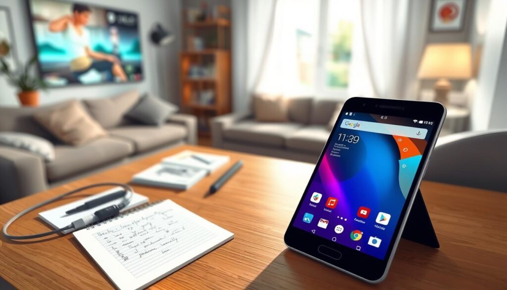 A sleek, modern Android device sits prominently in the foreground, showcasing its vibrant touchscreen displaying a home screen with app icons related to media and streaming. In the middle ground, a well-organized workspace features essential preparations for installation: a user manual, charging cable, and a notepad with handwritten notes. The background subtly includes a blurred image of a cozy living room, emphasizing a tech-friendly environment. Soft, natural lighting filters in from a window, creating a warm and inviting atmosphere. The image captures a sense of anticipation and readiness, reflecting the preparatory steps taken before installing an app. The angle is slightly overhead, giving a comprehensive view of the workspace while focusing on the Android device. A sleek, modern Android device sits prominently in the foreground, showcasing its vibrant touchscreen displaying a home screen with app icons related to media and streaming. In the middle ground, a well-organized workspace features essential preparations for installation: a user manual, charging cable, and a notepad with handwritten notes. The background subtly includes a blurred image of a cozy living room, emphasizing a tech-friendly environment. Soft, natural lighting filters in from a window, creating a warm and inviting atmosphere. The image captures a sense of anticipation and readiness, reflecting the preparatory steps taken before installing an app. The angle is slightly overhead, giving a comprehensive view of the workspace while focusing on the Android device.