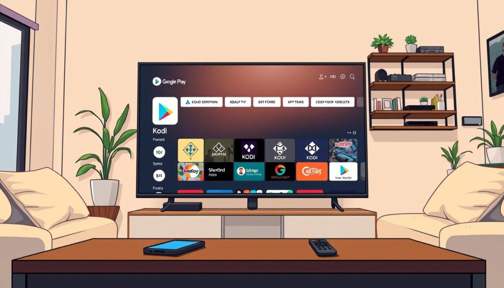 A sleek, modern living room showcasing a smart TV prominently displaying the Google Play Store interface on its screen, with the Kodi app highlighted. In the foreground, a stylish coffee table features a smartphone and a remote control, hinting at interaction. The middle layer includes a comfortable sofa with soft cushions, inviting viewers to relax. The background consists of a warm, well-lit environment with subtle decorative elements like indoor plants and a wall-mounted bookshelf filled with gadgets. The lighting is bright yet soft, creating a cozy atmosphere that suggests a home entertainment setup. The angle is slightly tilted, offering a dynamic view of the scene, emphasizing the integration of technology and comfort. A sleek, modern living room showcasing a smart TV prominently displaying the Google Play Store interface on its screen, with the Kodi app highlighted. In the foreground, a stylish coffee table features a smartphone and a remote control, hinting at interaction. The middle layer includes a comfortable sofa with soft cushions, inviting viewers to relax. The background consists of a warm, well-lit environment with subtle decorative elements like indoor plants and a wall-mounted bookshelf filled with gadgets. The lighting is bright yet soft, creating a cozy atmosphere that suggests a home entertainment setup. The angle is slightly tilted, offering a dynamic view of the scene, emphasizing the integration of technology and comfort.