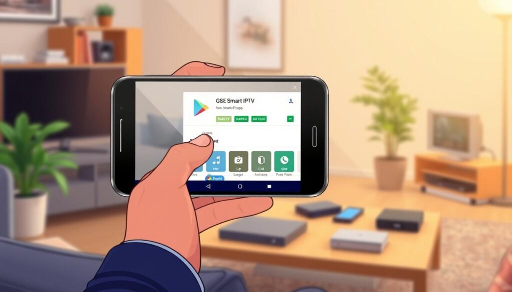 A visually engaging illustration showcasing the process of downloading and installing the GSE Smart IPTV app on an Android smartphone. In the foreground, depict a modern smartphone displaying the Google Play Store interface, with the GSE Smart IPTV app highlighted and ready for download. In the middle, include hands of a user interacting with the phone, dressed in neat casual attire, symbolizing ease of use. The background should feature a cozy home environment with soft lighting, perhaps a coffee table adorned with digital devices, emphasizing a relaxed and tech-savvy atmosphere. Use a shallow depth of field to focus on the phone while softly blurring the background, creating an inviting and informative mood that illustrates modern digital installation methods. A visually engaging illustration showcasing the process of downloading and installing the GSE Smart IPTV app on an Android smartphone. In the foreground, depict a modern smartphone displaying the Google Play Store interface, with the GSE Smart IPTV app highlighted and ready for download. In the middle, include hands of a user interacting with the phone, dressed in neat casual attire, symbolizing ease of use. The background should feature a cozy home environment with soft lighting, perhaps a coffee table adorned with digital devices, emphasizing a relaxed and tech-savvy atmosphere. Use a shallow depth of field to focus on the phone while softly blurring the background, creating an inviting and informative mood that illustrates modern digital installation methods.