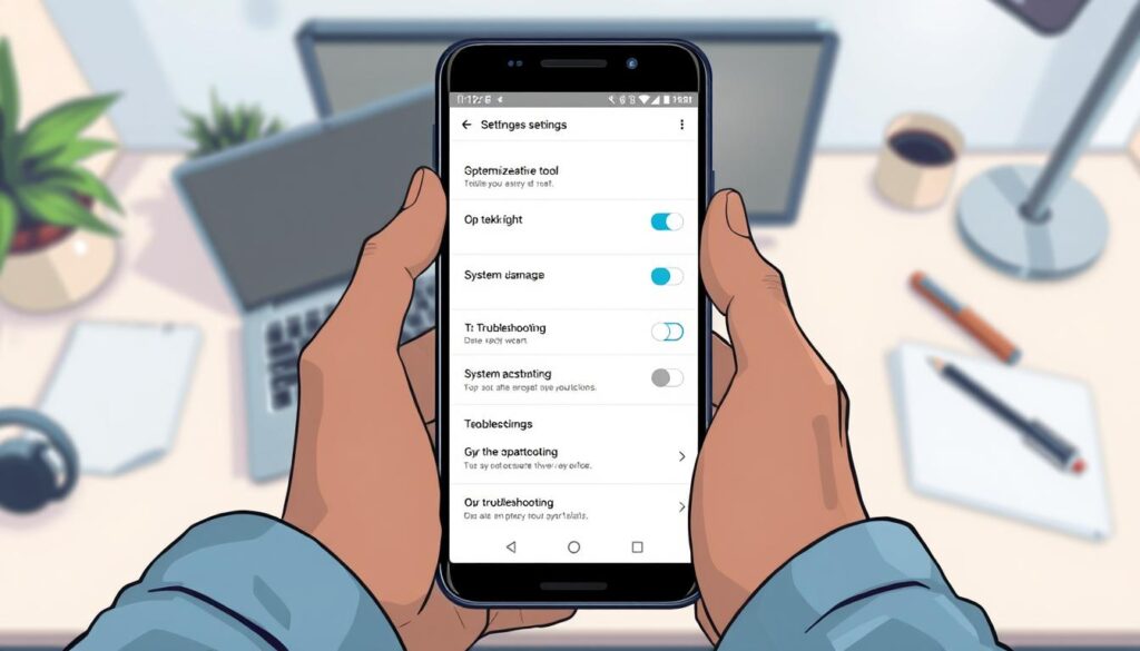 An Android smartphone displaying a settings menu opened to the "Optimization and Troubleshooting" section, set against a soft-focus workspace background. The foreground features a pair of hands, casually dressed in a stylish shirt, interacting with the device. Subtle lighting highlights the screen, showcasing icons for system optimization tools and troubleshooting options in a sleek interface. The middle layer includes a notepad with a pen, suggesting meticulous planning and organization. In the background, a modern office desk with a laptop and some tech gadgets creates a professional atmosphere. The overall mood is focused and efficient, conveying the essential nature of the troubleshooting process in a clean and serene environment. An Android smartphone displaying a settings menu opened to the "Optimization and Troubleshooting" section, set against a soft-focus workspace background. The foreground features a pair of hands, casually dressed in a stylish shirt, interacting with the device. Subtle lighting highlights the screen, showcasing icons for system optimization tools and troubleshooting options in a sleek interface. The middle layer includes a notepad with a pen, suggesting meticulous planning and organization. In the background, a modern office desk with a laptop and some tech gadgets creates a professional atmosphere. The overall mood is focused and efficient, conveying the essential nature of the troubleshooting process in a clean and serene environment.
