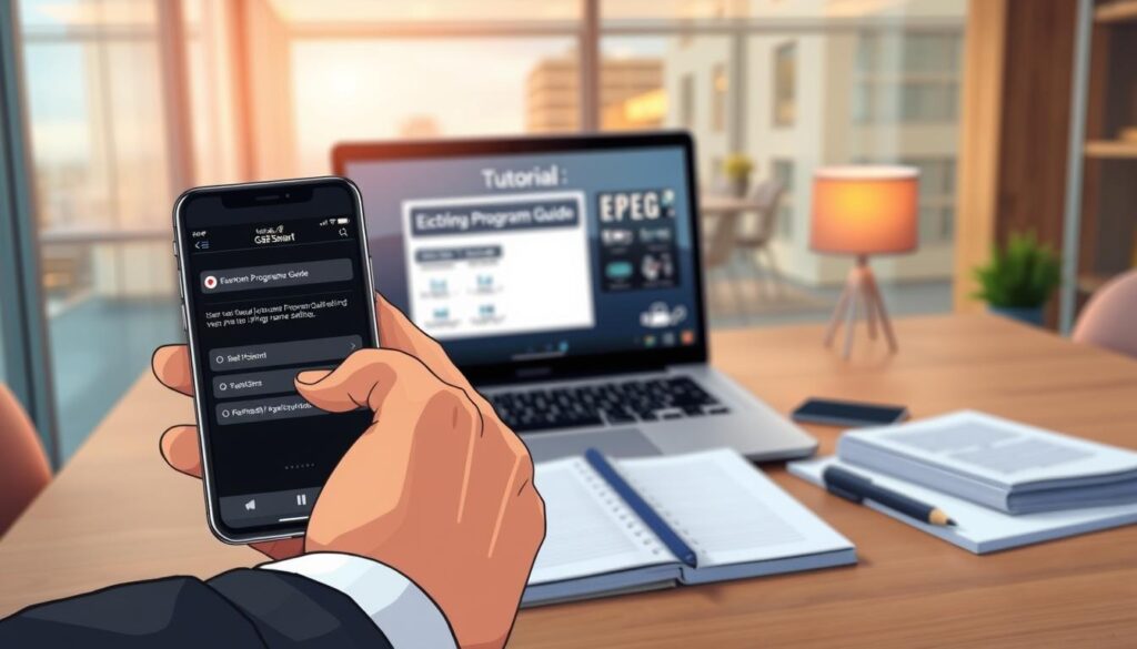An informative and detailed image illustrating an "EPG configuration guide." In the foreground, display a sleek smartphone with the GSE Smart app open, showcasing a user-friendly interface for electronic program guide setup. Include a hand subtly interacting with the screen, dressed in professional attire. The middle ground features a softly blurred workspace with a laptop open, displaying a tutorial video on EPG settings, surrounded by notepads and a pen for a study atmosphere. The background can include a modern office with soft, warm lighting illuminating the scene, creating a focused and instructional mood. Use a shallow depth of field to draw attention to the smartphone and interface while maintaining professionalism. An informative and detailed image illustrating an "EPG configuration guide." In the foreground, display a sleek smartphone with the GSE Smart app open, showcasing a user-friendly interface for electronic program guide setup. Include a hand subtly interacting with the screen, dressed in professional attire. The middle ground features a softly blurred workspace with a laptop open, displaying a tutorial video on EPG settings, surrounded by notepads and a pen for a study atmosphere. The background can include a modern office with soft, warm lighting illuminating the scene, creating a focused and instructional mood. Use a shallow depth of field to draw attention to the smartphone and interface while maintaining professionalism.