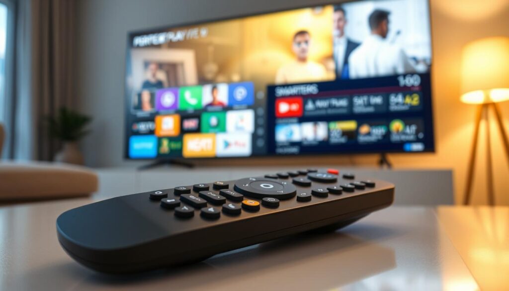 A close-up view of a modern remote control, designed for IPTV navigation, resting on a sleek coffee table. The remote features an array of buttons, including directional arrows, a menu button, and colored shortcuts, all illuminated softly by ambient lighting. In the background, a large smart TV displays the Perfect Player Smarters app interface, showcasing vibrant icons and a clear menu. The setting is a cozy living room with minimalistic decor, and a soft glow from a stylish lamp adds warmth to the scene. The focus is sharp on the remote control, highlighting its ergonomic design, while the TV display is slightly blurred to emphasize the control’s functionality. The overall atmosphere is inviting and tech-savvy, representing a seamless integration of entertainment technology. A close-up view of a modern remote control, designed for IPTV navigation, resting on a sleek coffee table. The remote features an array of buttons, including directional arrows, a menu button, and colored shortcuts, all illuminated softly by ambient lighting. In the background, a large smart TV displays the Perfect Player Smarters app interface, showcasing vibrant icons and a clear menu. The setting is a cozy living room with minimalistic decor, and a soft glow from a stylish lamp adds warmth to the scene. The focus is sharp on the remote control, highlighting its ergonomic design, while the TV display is slightly blurred to emphasize the control’s functionality. The overall atmosphere is inviting and tech-savvy, representing a seamless integration of entertainment technology.