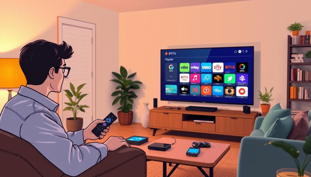 A cozy living room setting with a modern smart TV displaying streaming content from various IPTV playlists, depicted through colorful, abstract icons representing channels. In the foreground, a user attentively navigates the TV interface with a remote control, dressed in casual yet professional attire. The middle section features a plush couch and a stylish coffee table scattered with tech gadgets. Soft, ambient lighting creates a warm atmosphere, with a focus on the glowing TV screen illuminating the room. In the background, there are shelves filled with books and plants, adding a touch of homeliness. The overall mood is inviting and tech-savvy, ideal for showcasing the idea of utilizing free IPTV playlists at home. A cozy living room setting with a modern smart TV displaying streaming content from various IPTV playlists, depicted through colorful, abstract icons representing channels. In the foreground, a user attentively navigates the TV interface with a remote control, dressed in casual yet professional attire. The middle section features a plush couch and a stylish coffee table scattered with tech gadgets. Soft, ambient lighting creates a warm atmosphere, with a focus on the glowing TV screen illuminating the room. In the background, there are shelves filled with books and plants, adding a touch of homeliness. The overall mood is inviting and tech-savvy, ideal for showcasing the idea of utilizing free IPTV playlists at home.