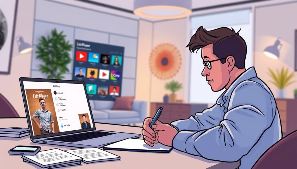A modern digital workspace featuring a laptop screen displaying the OttPlayer playlist management interface, showcasing vibrant channel icons and a user-friendly layout. In the foreground, a person in professional attire is intently reviewing playlist settings, with a focused expression and a pen in hand, taking notes. The middle ground shows a desk with an organized collection of notes and a smartphone displaying the OttPlayer app. In the background, a softly illuminated room with contemporary decor, emphasizing a productive atmosphere. The lighting is warm and inviting, enhancing the thoughtful focus on optimizing playlists. The angle captures both the laptop and the individual, creating an engaging viewpoint. A modern digital workspace featuring a laptop screen displaying the OttPlayer playlist management interface, showcasing vibrant channel icons and a user-friendly layout. In the foreground, a person in professional attire is intently reviewing playlist settings, with a focused expression and a pen in hand, taking notes. The middle ground shows a desk with an organized collection of notes and a smartphone displaying the OttPlayer app. In the background, a softly illuminated room with contemporary decor, emphasizing a productive atmosphere. The lighting is warm and inviting, enhancing the thoughtful focus on optimizing playlists. The angle captures both the laptop and the individual, creating an engaging viewpoint.