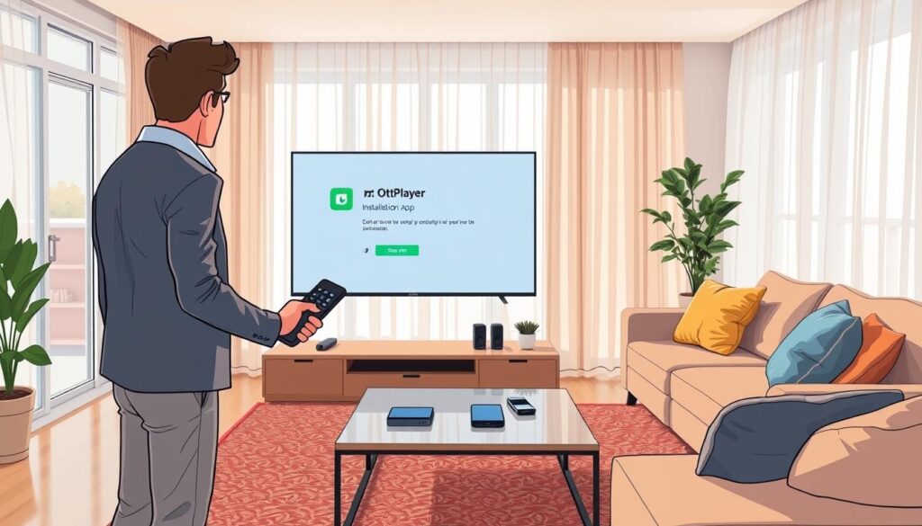 A modern living room featuring a large flat-screen smart TV displaying the OttPlayer app installation screen. In the foreground, a person in smart casual attire is using a remote control, looking intently at the TV. The middle ground includes a stylish coffee table with a few tech gadgets and a cozy sofa with colorful cushions. The background showcases a well-lit room with soft natural light filtering through sheer curtains, enhancing the welcoming atmosphere. The angle is slightly elevated, capturing both the TV and the individual engaged in the installation process, with a warm color palette to evoke a sense of comfort and ease in tech installations. A modern living room featuring a large flat-screen smart TV displaying the OttPlayer app installation screen. In the foreground, a person in smart casual attire is using a remote control, looking intently at the TV. The middle ground includes a stylish coffee table with a few tech gadgets and a cozy sofa with colorful cushions. The background showcases a well-lit room with soft natural light filtering through sheer curtains, enhancing the welcoming atmosphere. The angle is slightly elevated, capturing both the TV and the individual engaged in the installation process, with a warm color palette to evoke a sense of comfort and ease in tech installations.