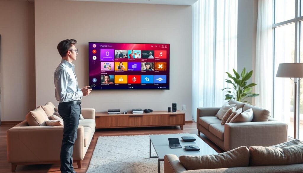 A modern living room featuring a sleek smart TV displaying a vibrant IPTV playlist interface. In the foreground, a user—a professional dressed in smart casual attire—stands attentively, remote in hand, focused on navigating the onscreen menu. The middle layer captures a cozy couch with plush cushions and a stylish coffee table scattered with tech accessories. In the background, soft natural light filters through large windows, illuminating the contemporary decor. The scene is warm and inviting, with a calm atmosphere that suggests a seamless installation experience. Use a wide-angle lens perspective, highlighting the user’s engagement with the smart TV, while maintaining clarity on the IPTV playlist details without text. A modern living room featuring a sleek smart TV displaying a vibrant IPTV playlist interface. In the foreground, a user—a professional dressed in smart casual attire—stands attentively, remote in hand, focused on navigating the onscreen menu. The middle layer captures a cozy couch with plush cushions and a stylish coffee table scattered with tech accessories. In the background, soft natural light filters through large windows, illuminating the contemporary decor. The scene is warm and inviting, with a calm atmosphere that suggests a seamless installation experience. Use a wide-angle lens perspective, highlighting the user’s engagement with the smart TV, while maintaining clarity on the IPTV playlist details without text.