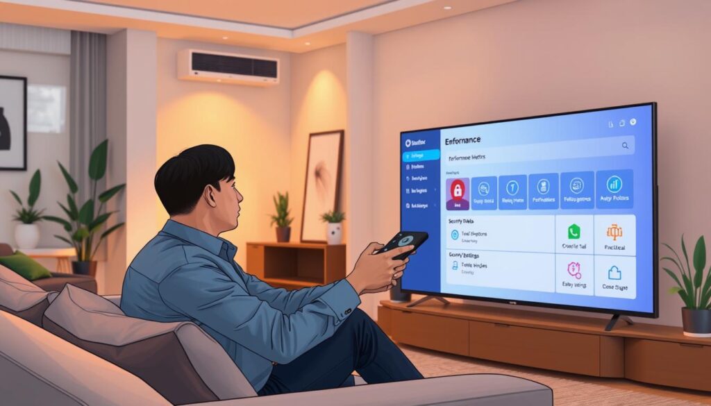 A modern living room featuring a sleek smart TV displaying the interface of GSE Smart IPTV, with a focus on performance optimization and security settings. In the foreground, a professional-looking individual dressed in business casual attire is seated on a comfortable sofa, intently interacting with a remote control. The middle ground shows the TV screen glowing softly, with icons representing various IPTV features like performance metrics and security tools. The background features contemporary decor, such as potted plants and minimalistic furniture, illuminated by warm, ambient lighting that creates a cozy yet tech-savvy atmosphere. The camera angle captures the scene from a slight elevation, emphasizing both the technology and the human engagement with the device. A modern living room featuring a sleek smart TV displaying the interface of GSE Smart IPTV, with a focus on performance optimization and security settings. In the foreground, a professional-looking individual dressed in business casual attire is seated on a comfortable sofa, intently interacting with a remote control. The middle ground shows the TV screen glowing softly, with icons representing various IPTV features like performance metrics and security tools. The background features contemporary decor, such as potted plants and minimalistic furniture, illuminated by warm, ambient lighting that creates a cozy yet tech-savvy atmosphere. The camera angle captures the scene from a slight elevation, emphasizing both the technology and the human engagement with the device.