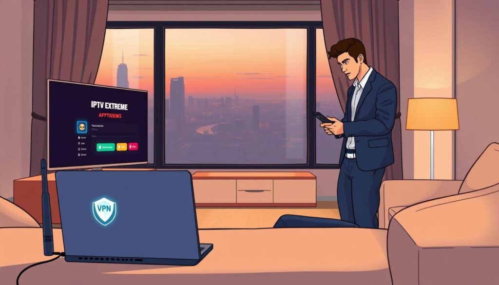 A modern living room scene featuring a smart TV displaying the IPTV Extreme application interface, set in a cozy, stylish environment. In the foreground, a sleek laptop opens beside a router with a glowing VPN indicator, symbolizing online security. The middle ground includes a well-dressed individual, focused while using a remote control, dressed in casual yet professional attire. Soft warm lighting illuminates the room, casting a welcoming atmosphere. In the background, a large window reveals a tranquil view of a cityscape at dusk, enhancing the sense of connection and modern technology. The overall mood is relaxed yet tech-savvy, emphasizing the importance of using a VPN for secure IPTV streaming. A modern living room scene featuring a smart TV displaying the IPTV Extreme application interface, set in a cozy, stylish environment. In the foreground, a sleek laptop opens beside a router with a glowing VPN indicator, symbolizing online security. The middle ground includes a well-dressed individual, focused while using a remote control, dressed in casual yet professional attire. Soft warm lighting illuminates the room, casting a welcoming atmosphere. In the background, a large window reveals a tranquil view of a cityscape at dusk, enhancing the sense of connection and modern technology. The overall mood is relaxed yet tech-savvy, emphasizing the importance of using a VPN for secure IPTV streaming.