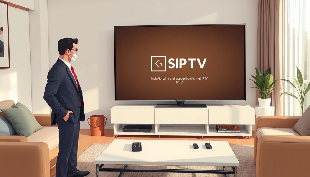A modern living room scene showcasing the installation of an IPTV application on a smart TV. In the foreground, a person dressed in professional business attire is attentively interacting with a sleek, modern smart TV displaying the SS IPTV installation screen. The middle ground features a stylish coffee table with tech gadgets and a remote control nearby. The background reveals a cozy, well-lit ambiance with soft, natural light filtering through a large window, enhancing the inviting atmosphere. The image captures a sense of focus and determination, emphasizing the simplicity and clarity of the installation process. The composition is shot at eye-level, allowing viewers to feel engaged with the installation task at hand. A modern living room scene showcasing the installation of an IPTV application on a smart TV. In the foreground, a person dressed in professional business attire is attentively interacting with a sleek, modern smart TV displaying the SS IPTV installation screen. The middle ground features a stylish coffee table with tech gadgets and a remote control nearby. The background reveals a cozy, well-lit ambiance with soft, natural light filtering through a large window, enhancing the inviting atmosphere. The image captures a sense of focus and determination, emphasizing the simplicity and clarity of the installation process. The composition is shot at eye-level, allowing viewers to feel engaged with the installation task at hand.