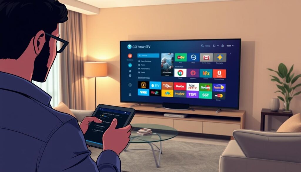 A modern living room scene where a person is configuring the GSE Smart IPTV app on a large smart TV. In the foreground, a focused individual dressed in smart casual attire is using a tablet to adjust settings. The middle ground features the TV displaying the GSE Smart IPTV interface, with vibrant icons representing channels and options clearly visible. In the background, cozy furniture and decorative items create a welcoming atmosphere. Soft, warm lighting illuminates the room, enhancing the mood of concentration and ease. The composition should have a slightly angled perspective, emphasizing both the television and the user’s engaged expression while ensuring a clutter-free environment, without any distractions. A modern living room scene where a person is configuring the GSE Smart IPTV app on a large smart TV. In the foreground, a focused individual dressed in smart casual attire is using a tablet to adjust settings. The middle ground features the TV displaying the GSE Smart IPTV interface, with vibrant icons representing channels and options clearly visible. In the background, cozy furniture and decorative items create a welcoming atmosphere. Soft, warm lighting illuminates the room, enhancing the mood of concentration and ease. The composition should have a slightly angled perspective, emphasizing both the television and the user’s engaged expression while ensuring a clutter-free environment, without any distractions.