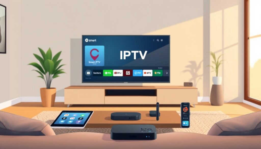 A modern living room setting as the foreground, featuring a sleek smart TV displaying the Smart IPTV interface on the screen. In the middle ground, a coffee table with various devices like a tablet, smartphone, and streaming device, all showing related app icons, creating a sense of alternative platforms for viewing. The background should include soft lighting from a window, creating a warm and inviting atmosphere. The color palette should be contemporary, with muted tones and smart-device aesthetics. A lens focus effect on the TV screen should emphasize the IPTV app while keeping the surrounding devices in good detail, enhancing the technological vibe of the scene. The overall mood should be relaxed and informative, symbolizing ease of installation across devices. A modern living room setting as the foreground, featuring a sleek smart TV displaying the Smart IPTV interface on the screen. In the middle ground, a coffee table with various devices like a tablet, smartphone, and streaming device, all showing related app icons, creating a sense of alternative platforms for viewing. The background should include soft lighting from a window, creating a warm and inviting atmosphere. The color palette should be contemporary, with muted tones and smart-device aesthetics. A lens focus effect on the TV screen should emphasize the IPTV app while keeping the surrounding devices in good detail, enhancing the technological vibe of the scene. The overall mood should be relaxed and informative, symbolizing ease of installation across devices.