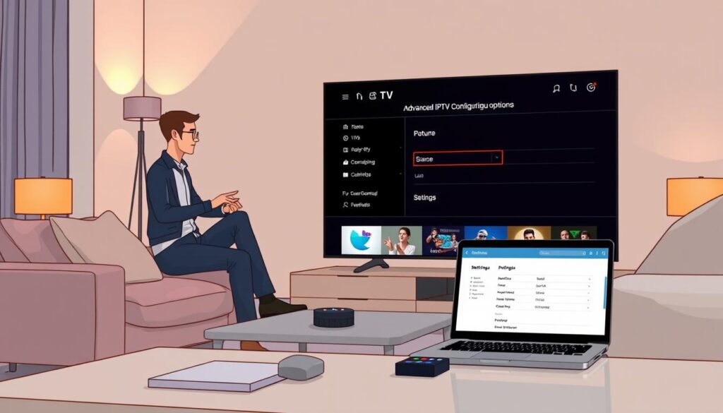 A modern living room setting featuring a sleek smart TV displaying advanced IPTV configuration options on the screen. In the foreground, include a stylish coffee table with remote controls and a laptop open, showing IPTV settings. In the middle ground, show a comfortable sofa with cushions in neutral tones, and a person dressed in smart casual attire attentively exploring the IPTV app on the TV, highlighting engagement with technology. The background should be softly lit, with warm light from floor lamps, creating a cozy atmosphere. Use a slightly angled perspective to showcase the interaction between the user and the smart TV, emphasizing a blend of technology and comfort in a home environment. A modern living room setting featuring a sleek smart TV displaying advanced IPTV configuration options on the screen. In the foreground, include a stylish coffee table with remote controls and a laptop open, showing IPTV settings. In the middle ground, show a comfortable sofa with cushions in neutral tones, and a person dressed in smart casual attire attentively exploring the IPTV app on the TV, highlighting engagement with technology. The background should be softly lit, with warm light from floor lamps, creating a cozy atmosphere. Use a slightly angled perspective to showcase the interaction between the user and the smart TV, emphasizing a blend of technology and comfort in a home environment.