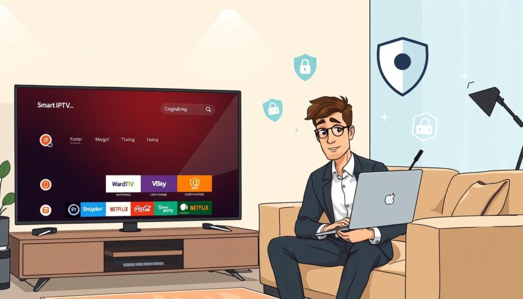 A modern, well-lit home office setting as the foreground, featuring a sleek smart TV displaying a Smart IPTV interface. In the middle ground, a professional individual, dressed in business casual attire, is working on a laptop with a focused expression, illustrating the use of a VPN for secure streaming. The background includes a comfortable sofa with a few tech accessories like a router, and soft lighting creating a cozy atmosphere. There are digital elements like a floating VPN shield and streaming icons subtly integrated into the environment, symbolizing security and privacy. The overall mood is informative and assuring, highlighting the importance of safety in IPTV streaming. A modern, well-lit home office setting as the foreground, featuring a sleek smart TV displaying a Smart IPTV interface. In the middle ground, a professional individual, dressed in business casual attire, is working on a laptop with a focused expression, illustrating the use of a VPN for secure streaming. The background includes a comfortable sofa with a few tech accessories like a router, and soft lighting creating a cozy atmosphere. There are digital elements like a floating VPN shield and streaming icons subtly integrated into the environment, symbolizing security and privacy. The overall mood is informative and assuring, highlighting the importance of safety in IPTV streaming.